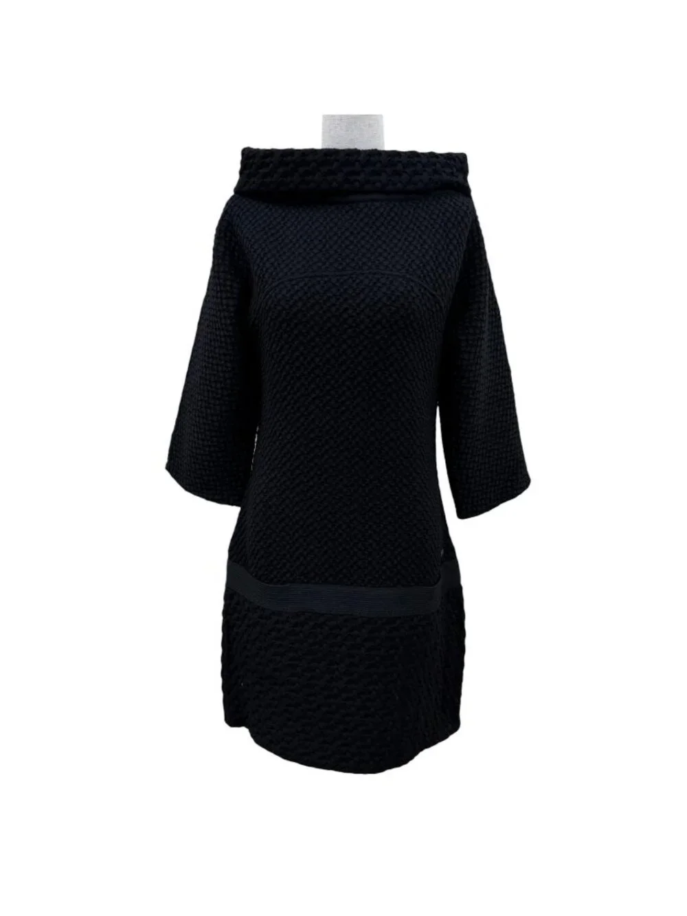 Chanel Wool Here Button Boat Neck Knit Long Sleeve Dress Black 36